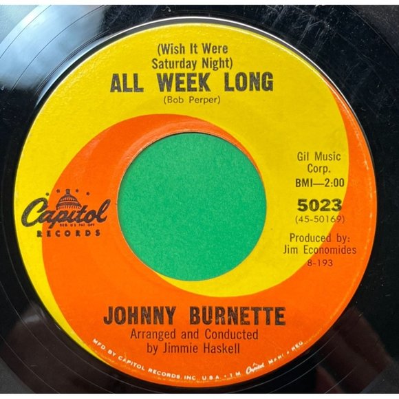 Johnny Burnette Wish It Were Saturday Night All Week Long 45 Rock Capitol 5023 - Picture 1 of 6